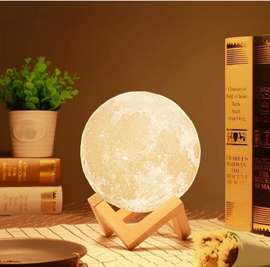 "Luxury 3D Moon Lamp – Dimmable Touch Light with Wooden Stand | Rechargeable & Realistic Lunar Surface | Elegant Home Décor & Unique Gift"