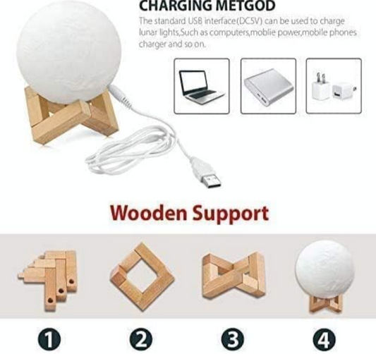 "Luxury 3D Moon Lamp – Dimmable Touch Light with Wooden Stand | Rechargeable & Realistic Lunar Surface | Elegant Home Décor & Unique Gift"